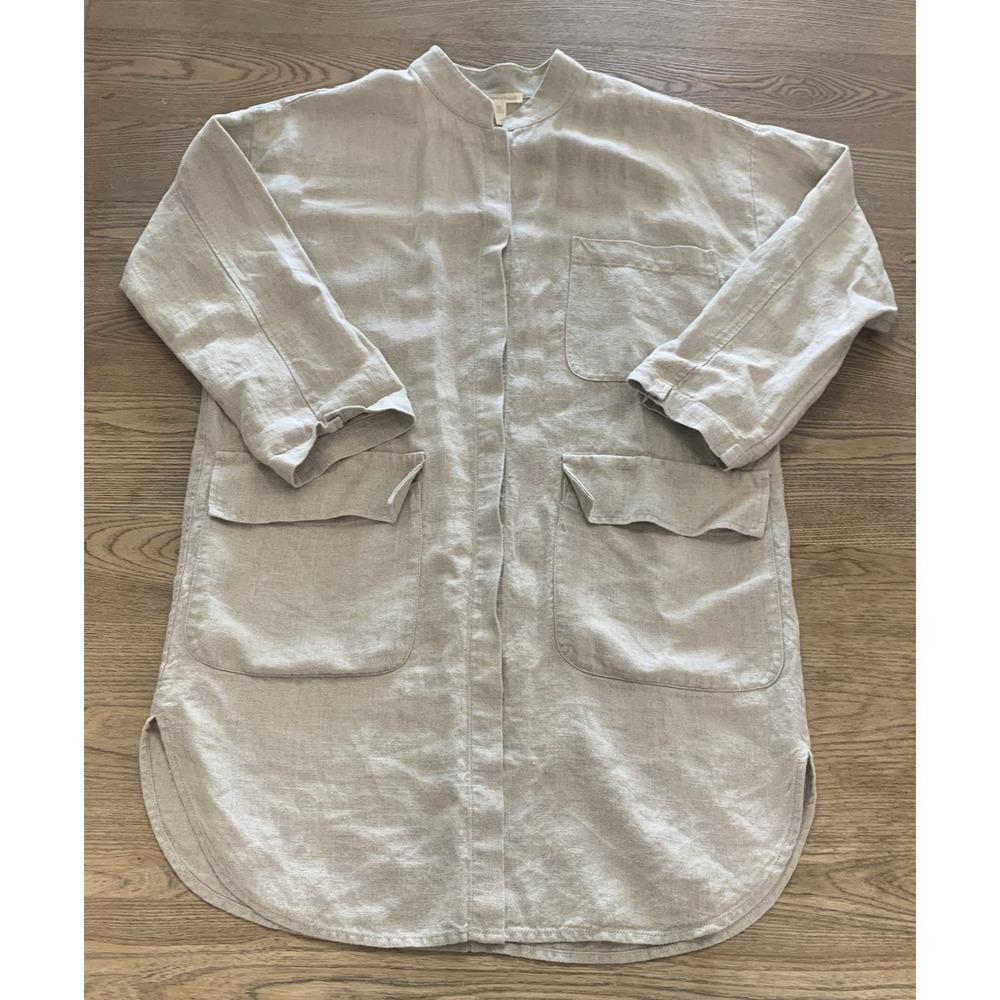 Eileen Fisher Organic Linen Dress Jacket Coat Beige Snap Front Women's S